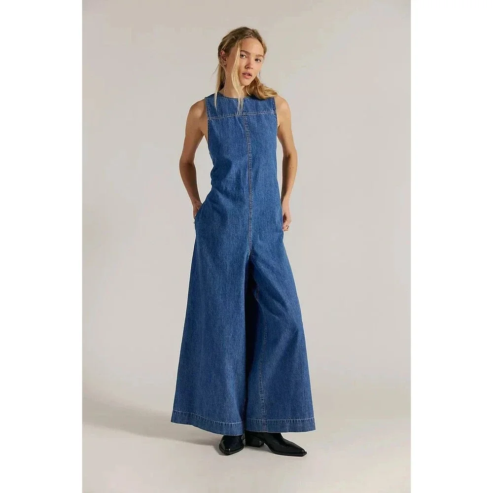 Free People We The Free Do No Wrong Jumpsuit Wide Leg Denim Cotton M 289099